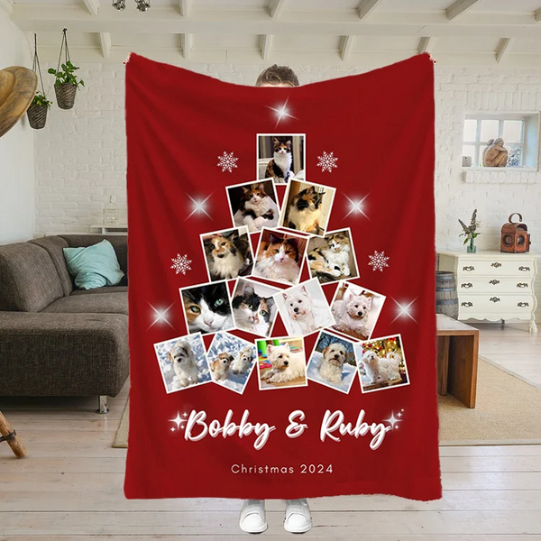 Custom Photo Christmas Tree Collage, Personalized Photo Blanket, Valentine's Day Gift