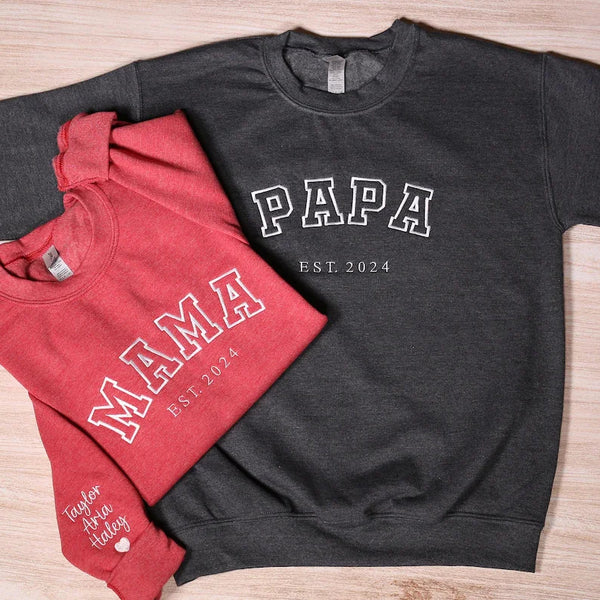 Personalized Dad & Mama Embroidered Sweatshirt With Date & Name, Father's Day Gift