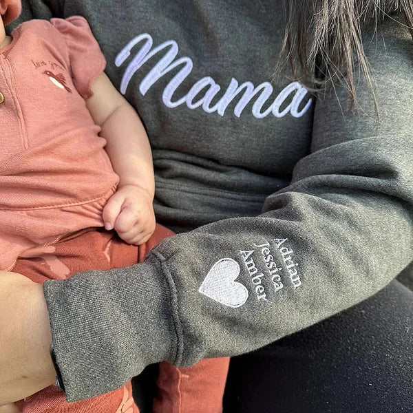 Custom Mama Embroidered Sweatshirt with Kids Names On Sleeve🔥