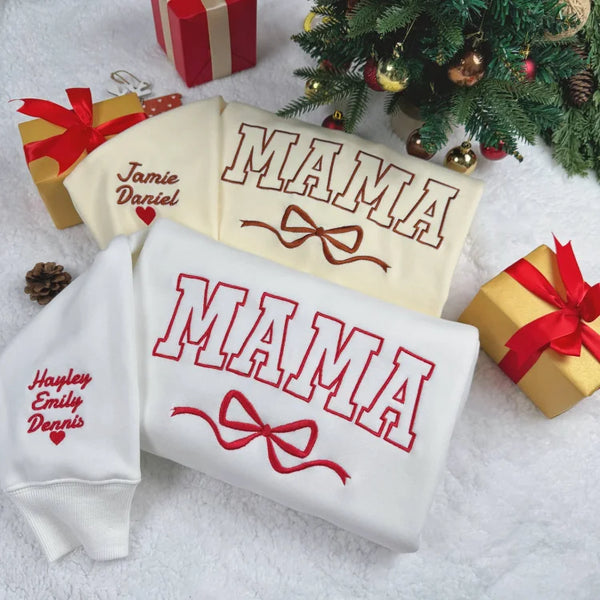 Custom Bow Mama Embroidered Sweatshirt With Kids Names on Sleeve