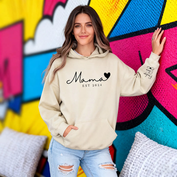 Custom Minimalist Mama Sweatshirt with Kids Names on Sleeve - Personalized Family Sweatshirt