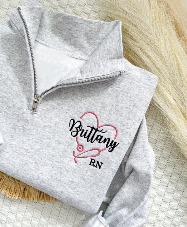 Personalized Embroidered RN Quarter Zip Nurse Sweatshirt - Gift To Nurse
