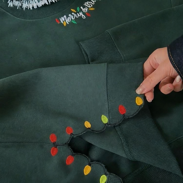 Christmas Embroidered Curved Neckline Sweatshirt with Side Trees