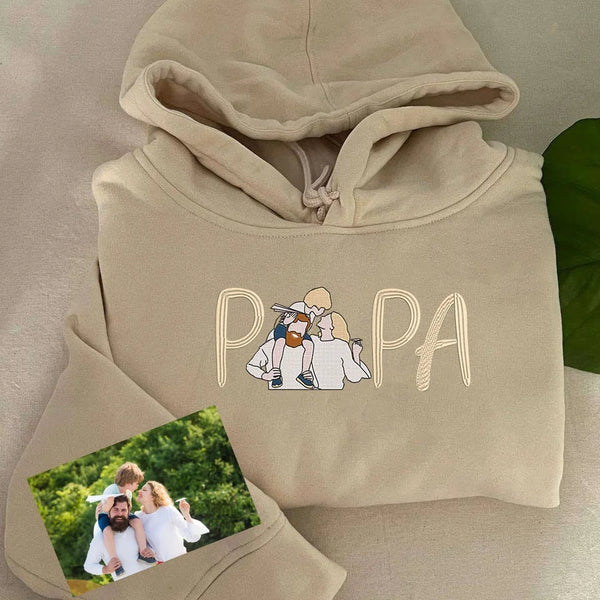 Embroidered PAPA Sweatshirt With Custom Portrait From Your Photo, Best Gift For Dad