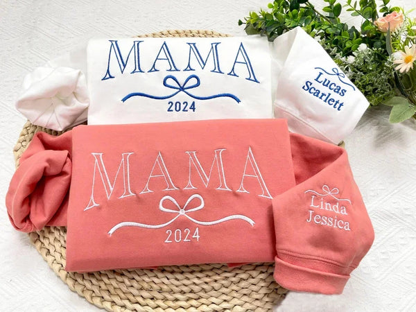 Personalized Mama Sweatshirt, Embroidered Kids Name with Bow on Sleeve