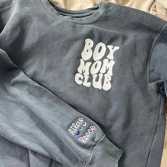 Boy Mom Club Embroidered Sweatshirt, Mama Sweatshirt with Kids Name on Sleeve,Mother Day Gift