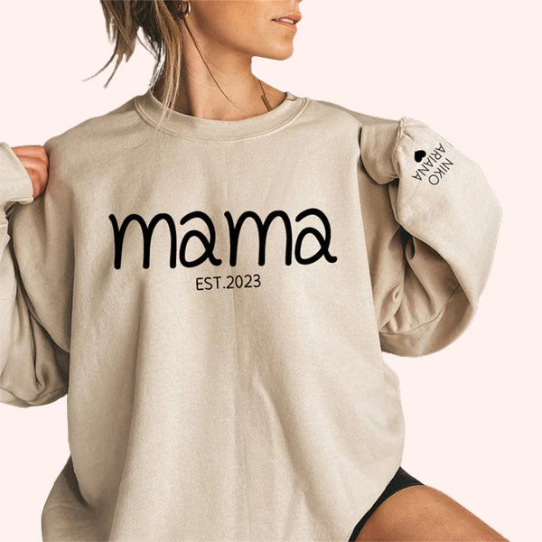 Custom Chest Text Est Year Mama Sweatshirt, Custom Mother's Day Sweatshirt, with Children's Names on the Sleeve