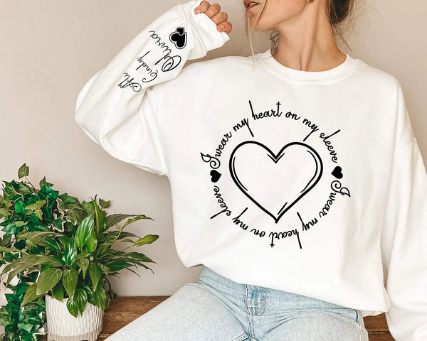 Personalized I Wear My Heart On My Sleeve Sweatshirt & Hoodie, Gift for Mom, Mama Sweatshirt with Children Name on Sleeve, Mothers Day Gift