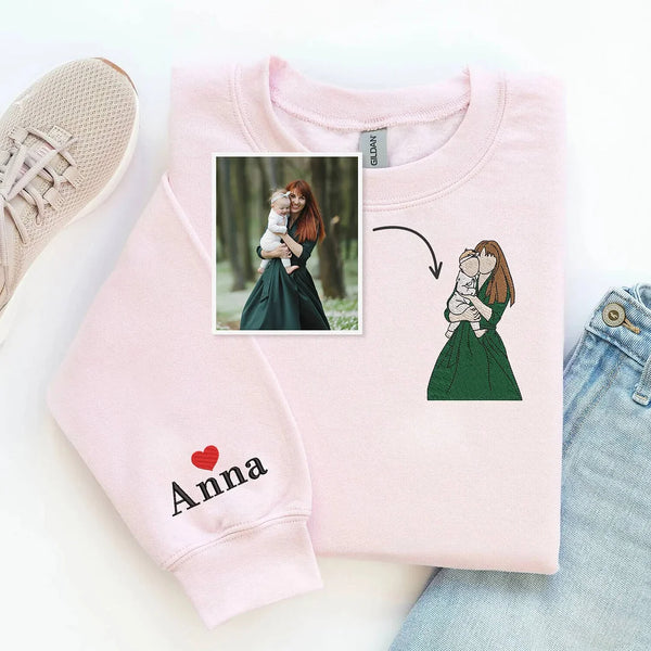 Custom Embroidered Photo Portrait Sweatshirt -For Mom and Daughter/Son Embroidered Design,Personalized Mother's Day Gift