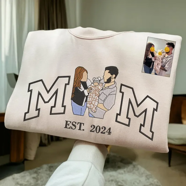 Custom Embroidered Mama Sweatshirt Portrait From Photo, Personalized Mom Sweatshirt, Minimalist Momma Sweater