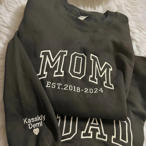 Custom Embroidered Mom Dad Sweatshirt with Kids Name on Sleeve