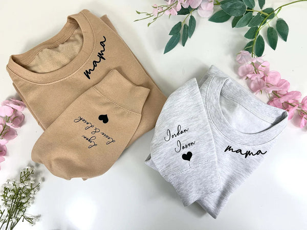 Personalized MAMA Sweatshirt with Custom Kid's Name on Sleeve