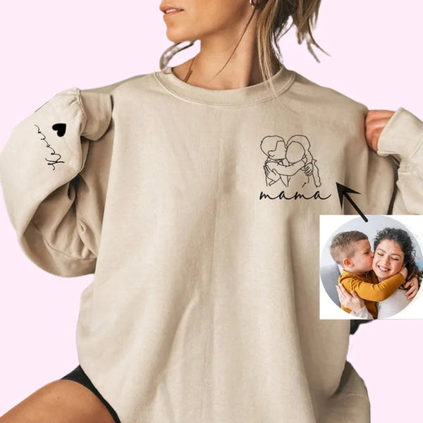 Personalized Portrait Sweatshirt, Custom Family Mama Kids Photo Outline Drawing,Gift For Mom