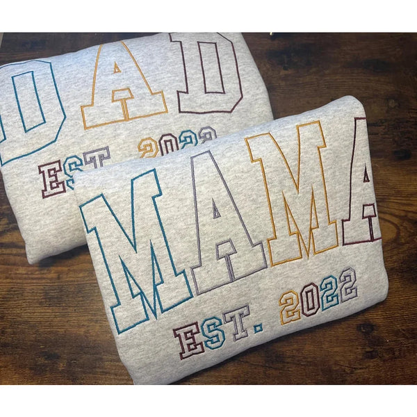 Embroidered Mama Est Sweatshirt, Outline Letters with Kids' Name on Sleeve