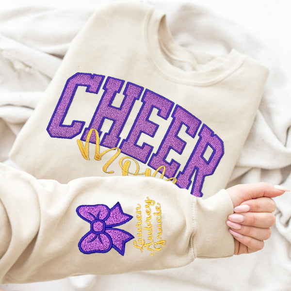 Embroidered Glitter Cheer Mom Sweatshirt - With Kids Names On The Sleeve