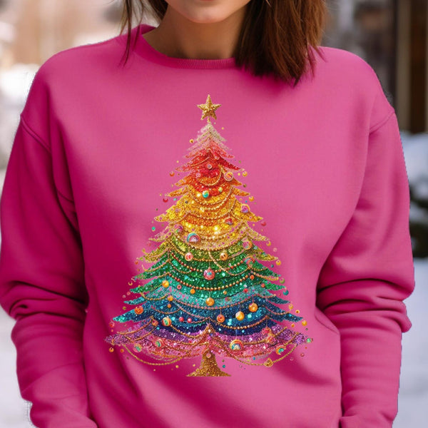 Custom Embroidered Glitter Sparkly Sequin Look Rainbow Christmas Tree Sweatshirt