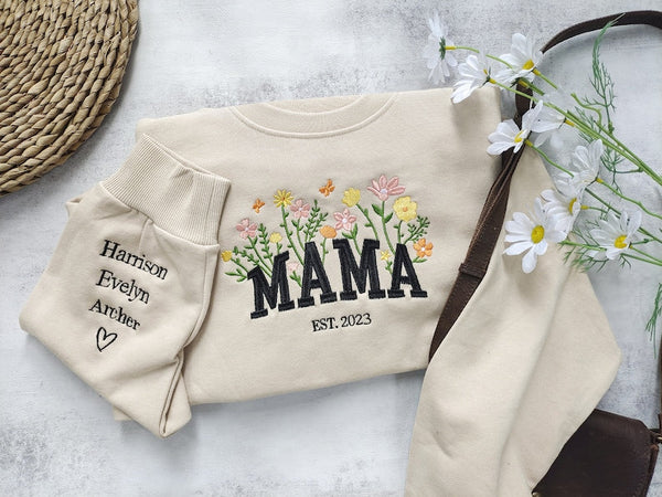 Custom Mama Embroidered Floral Sweatshirt,Custom Mama Crewneck With Kids Names, Heart On Sleeve, Gift For New Mom, Mother's Day Gift