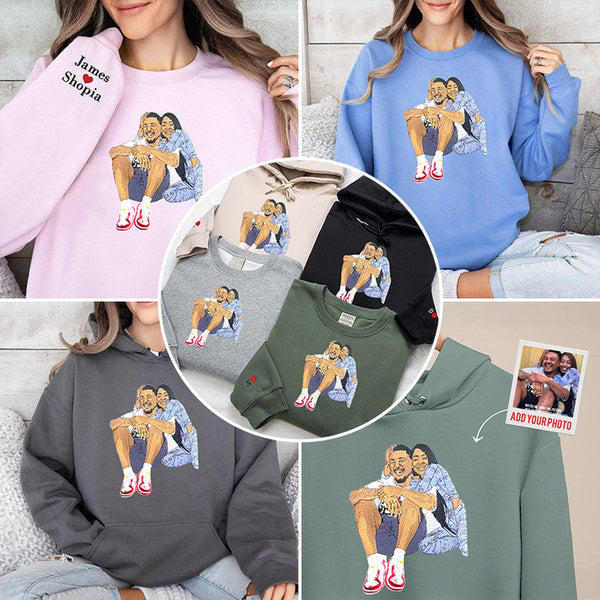 (with facial details) Custom Couple Full Color Embroidered Sweatshirt - 💕 Best Gifts to Lover 💕